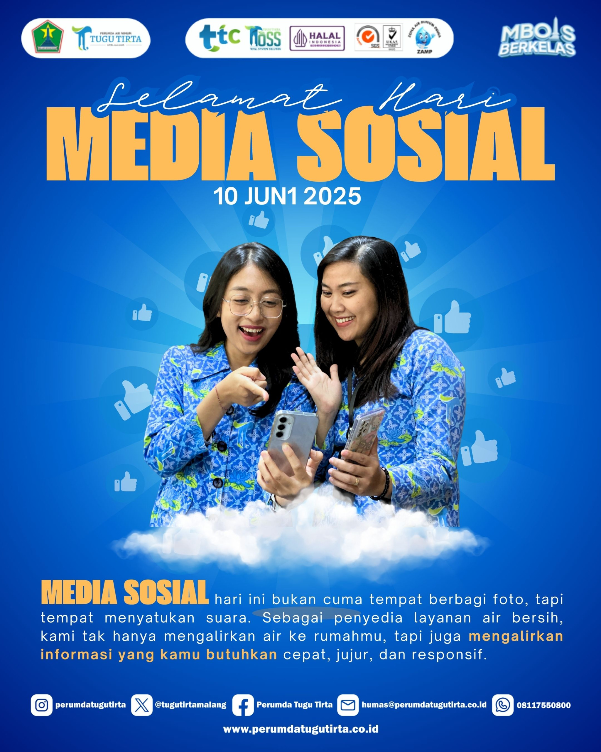 Di era digital ini, media sosial bukan cuma tempat berbagi foto. Ini adalah jembatan yang menyatukan suara, membangun komunikasi, dan memperkuat pelayanan. 
Tugu Tirta tidak hanya mengalirkan  air minum, tapi juga informasi cepat, jujur, dan responsif lewat media sosial!

#TuguTirta #HariSosmed2025